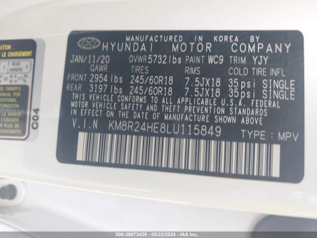 KM8R24HE8LU115849 Hyundai Palisade Sel