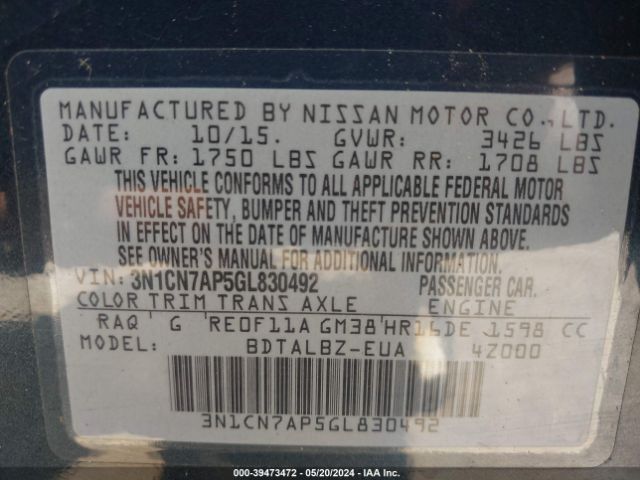 3N1CN7AP5GL830492 Nissan Versa 1.6 S/1.6 S+/1.6 Sl/1.6 Sv