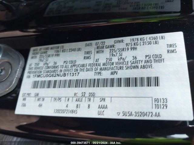 Ford ESCAPE SE 2022 1FMCU0G62NUB11317 Image 9