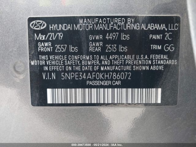 5NPE34AF0KH786072 Hyundai SONATA SEL