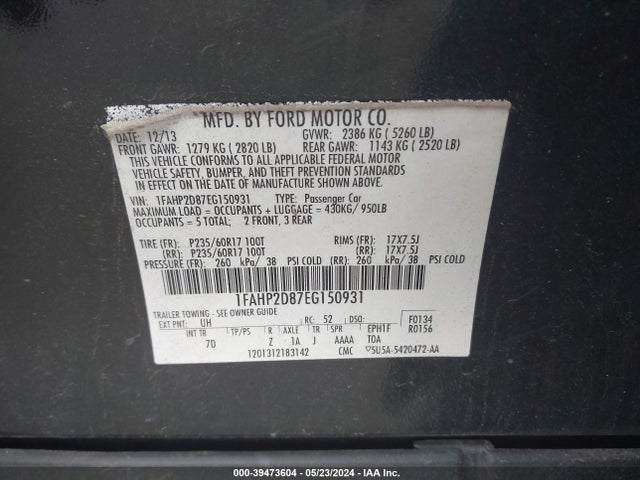Ford TAURUS SE 2014 1FAHP2D87EG150931 Image 9