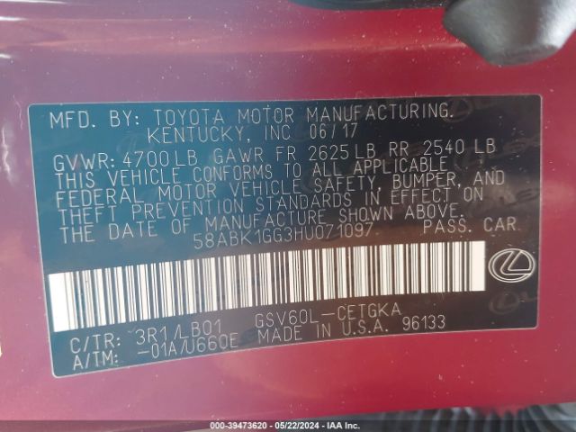 58ABK1GG3HU071097 Lexus ES 350