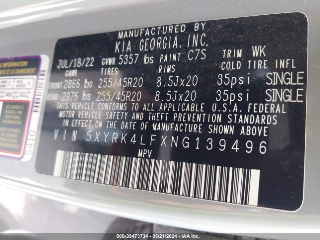5XYRK4LFXNG139496 KIA Sorento Sx Prestige