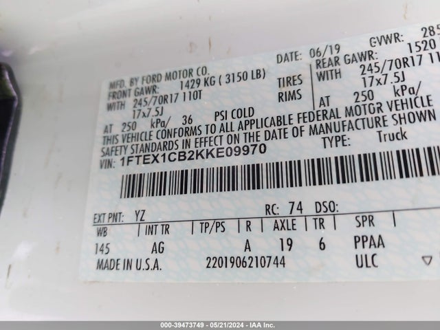 Ford F-150 Xl 2019 1FTEX1CB2KKE09970 Image 9