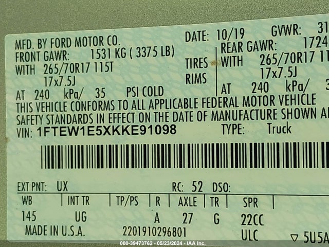 Ford F-150 Xlt 2019 1FTEW1E5XKKE91098 Image 9
