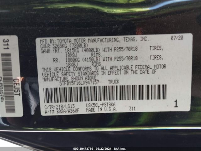 5TFDY5F16LX947157 Toyota Tundra Sr5