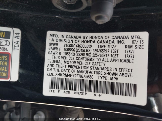 Honda Cr-v Ex-l 2015 2HKRM4H72FH675686 Image 9