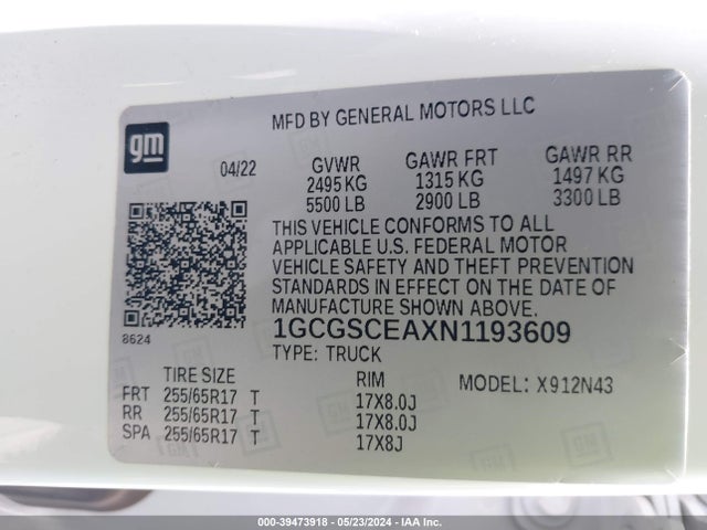 1GCGSCEAXN1193609 Chevrolet Colorado 2wd  Short Box Lt
