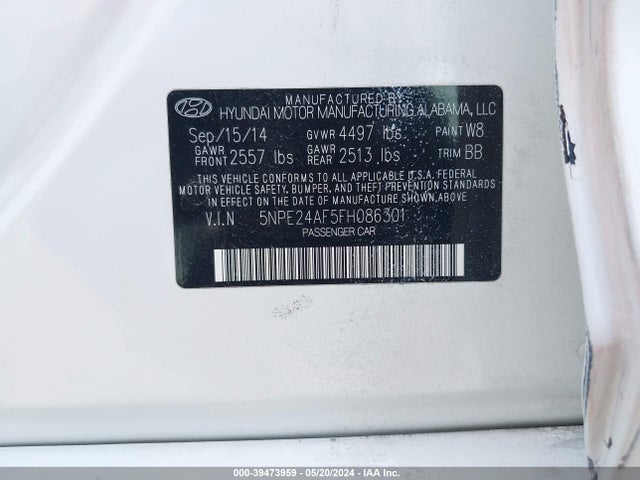 Hyundai SONATA SE 2015 5NPE24AF5FH086301 Image 9