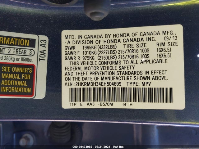 Honda CR-V LX 2014 2HKRM3H34EH504699 Image 9