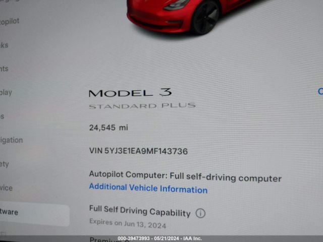 5YJ3E1EA9MF143736 Tesla Model 3 Standard Range Plus Rear-wheel Drive
