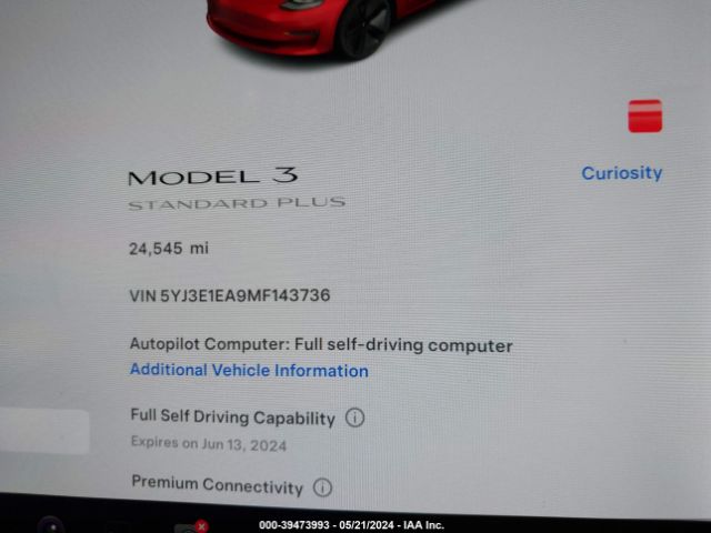 5YJ3E1EA9MF143736 Tesla Model 3 Standard Range Plus Rear-wheel Drive