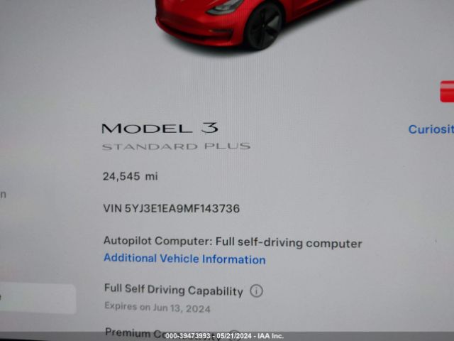 5YJ3E1EA9MF143736 Tesla Model 3 Standard Range Plus Rear-wheel Drive