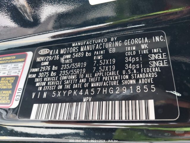 5XYPK4A57HG291855 KIA Sorento 3.3l Sxl