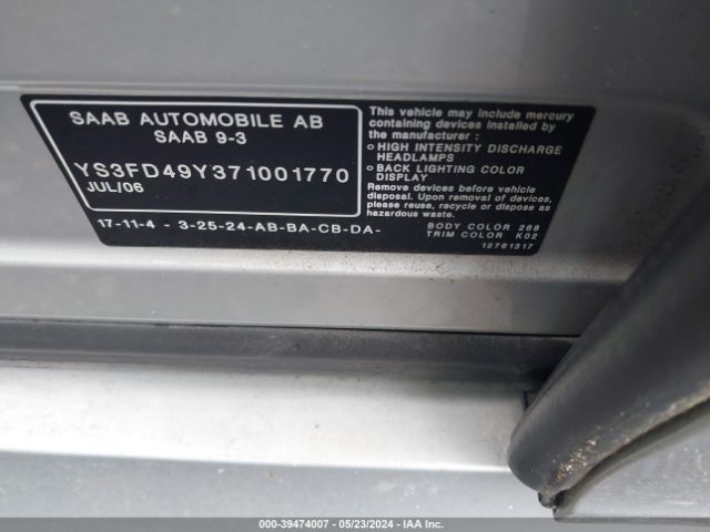 2007 SAAB 9-3 YS3FD49Y371001770 Photo 8