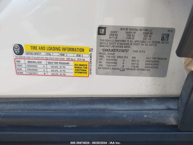 Chevrolet Traverse Ltz 2015 1GNKRJKD7FJ194797 Image 9