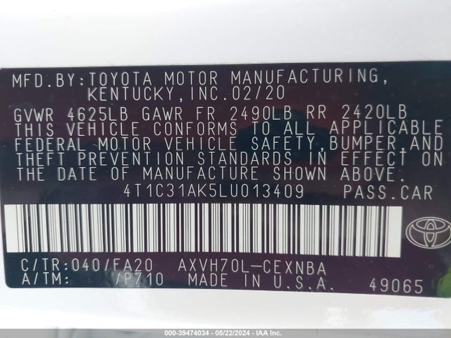 Toyota Camry Le Hybrid 2020 4T1C31AK5LU013409 Image 9