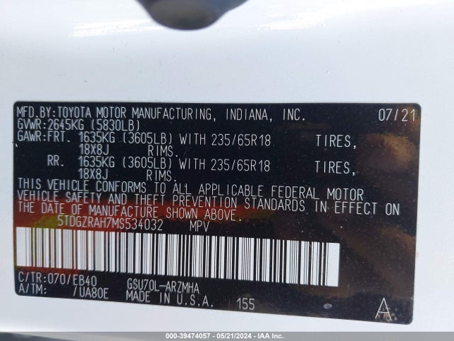 Toyota Highlander Xle 2021 5TDGZRAH7MS534032 Image 9