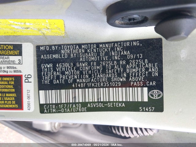 Toyota CAMRY L 2014 4T4BF1FK2ER351029 Image 9