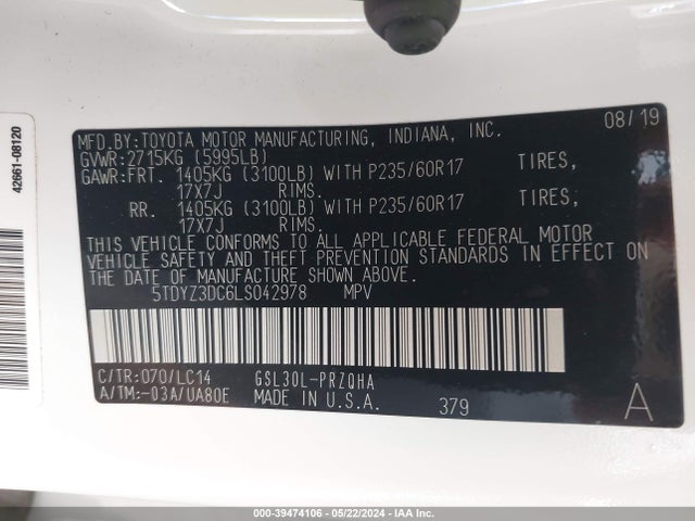 Toyota SIENNA XLE 2020 5TDYZ3DC6LS042978 Image 9