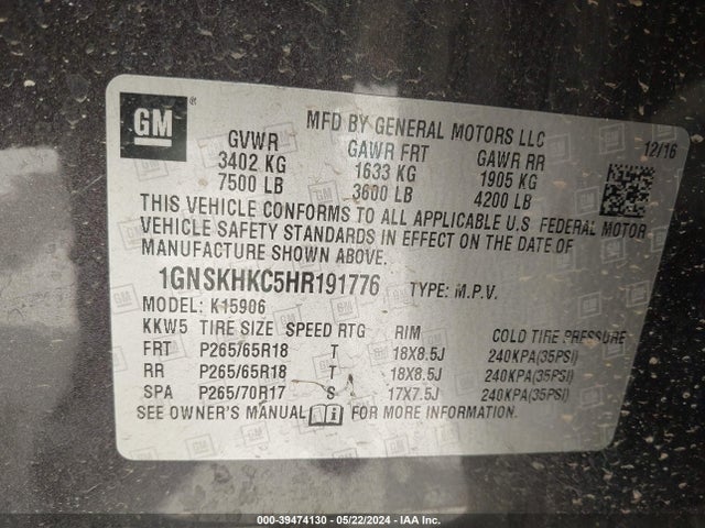 Chevrolet Suburban Lt 2017 1GNSKHKC5HR191776 Image 9