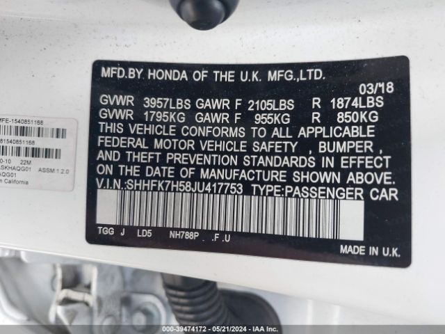 SHHFK7H58JU417753 Honda CIVIC EX