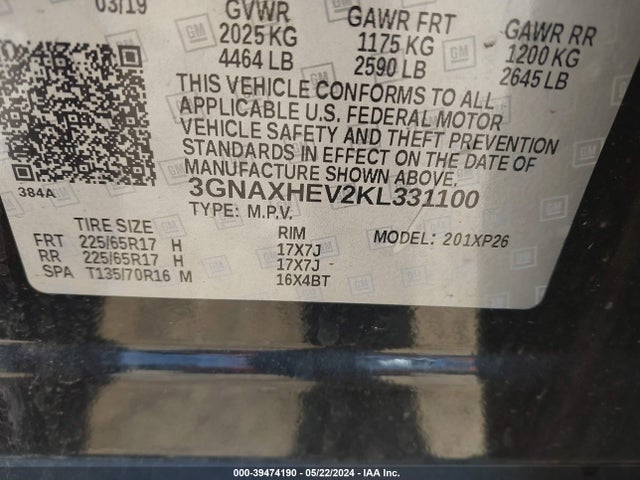 2019 Chevrolet Equinox Ls მანქანა იყიდება აუქციონზე, vin: 3GNAXHEV2KL331100, აუქციონის ნომერი: 39474190