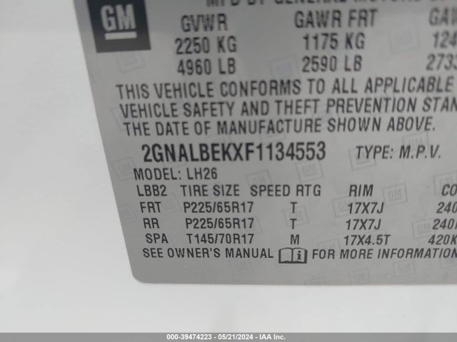 Chevrolet EQUINOX 1LT 2015 2GNALBEKXF1134553 Image 9