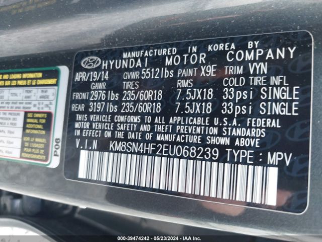 KM8SN4HF2EU068239 Hyundai Santa Fe Gls