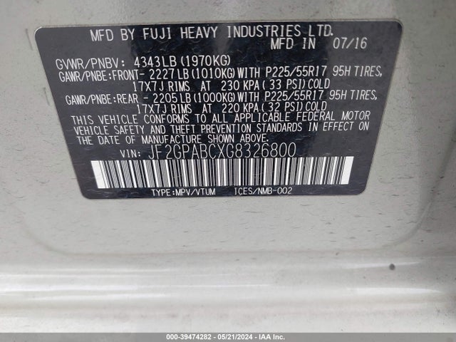 JF2GPABCXG8326800 Subaru Crosstrek 2.0i Premium