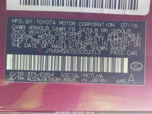 JTHSM5BC0G5002313 Lexus RC 300