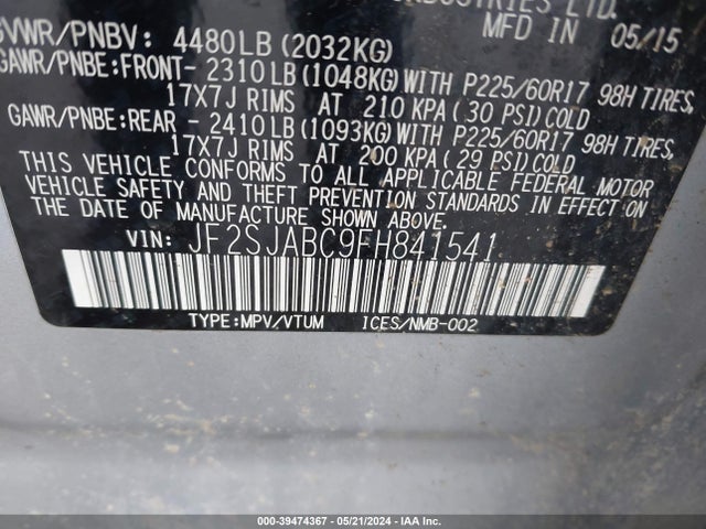Subaru Forester 2.5i 2015 JF2SJABC9FH841541 Image 9