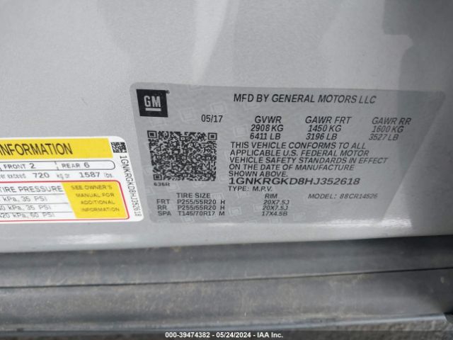 1GNKRGKD8HJ352618 Chevrolet Traverse 1lt