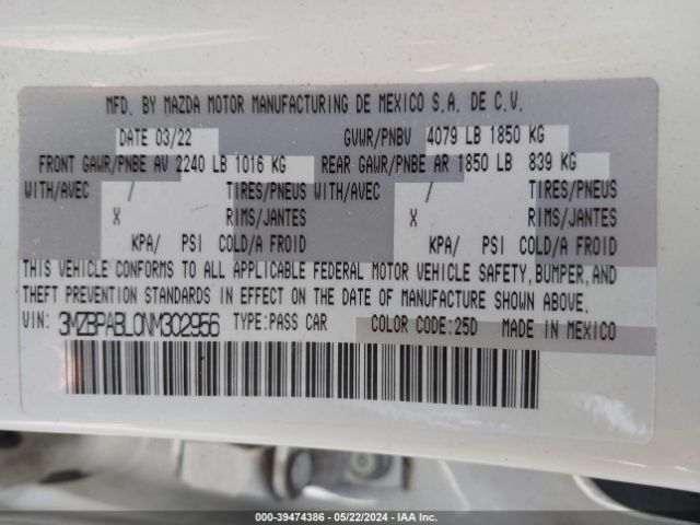 3MZBPABL0NM302956 Mazda Mazda3 Select
