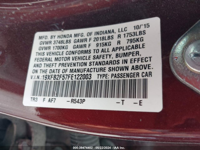 Honda Civic Lx 2015 19XFB2F57FE122003 Image 9