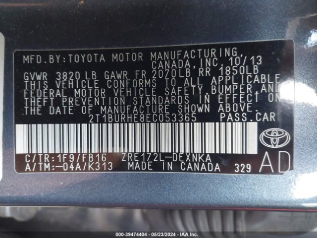 2T1BURHE8EC053365 Toyota Corolla Le Plus