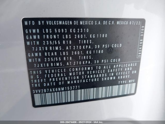 3VV2B7AX6NM153771 Volkswagen Tiguan 2.0t Se