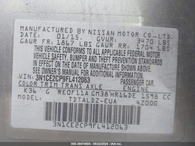 3N1CE2CP9FL412063 Nissan Versa Note S (sr)/s Plus/sl/sr/sv