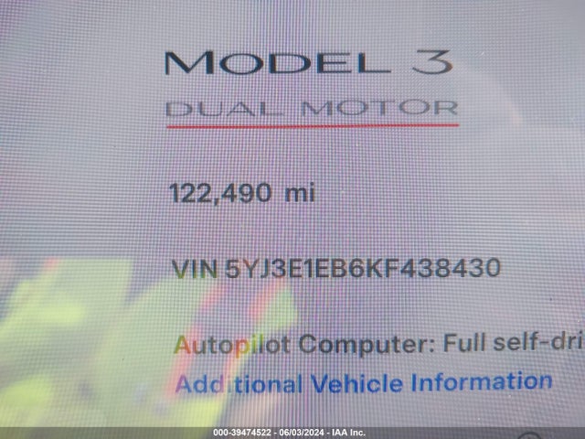 5YJ3E1EB6KF438430 Tesla Model 3 Long Range/performance