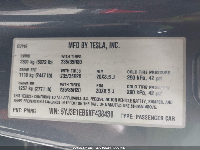 5YJ3E1EB6KF438430 Tesla Model 3 Long Range/performance