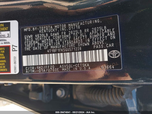 Toyota CAMRY SE 2016 4T1BF1FK5GU571228 Image 9
