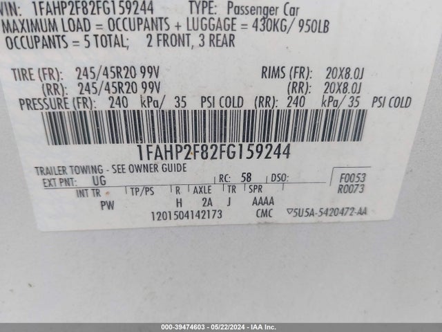 Ford Taurus Limited 2015 1FAHP2F82FG159244 Image 9