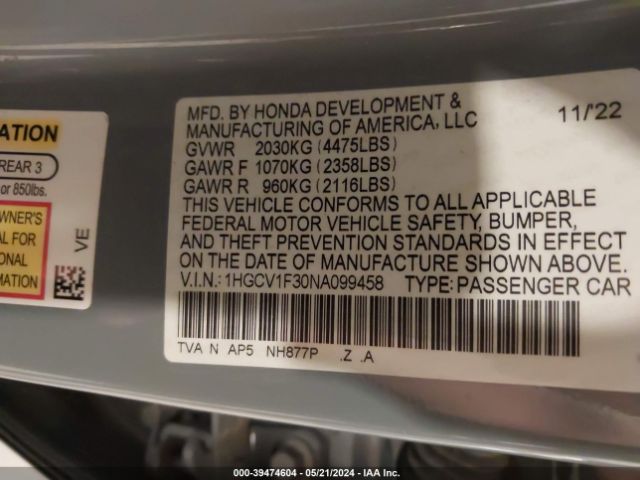 1HGCV1F30NA099458 Honda Accord Sport