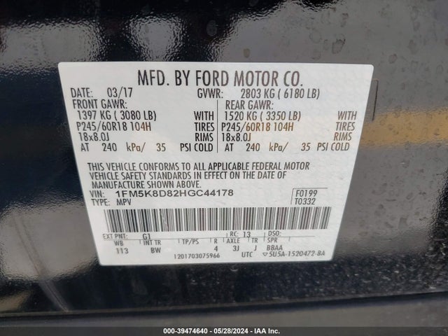 Ford EXPLORER XLT 2017 1FM5K8D82HGC44178 Image 9