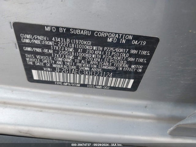 Subaru Crosstrek 2.0i Premium 2019 JF2GTAEC3KH323124 Image 9