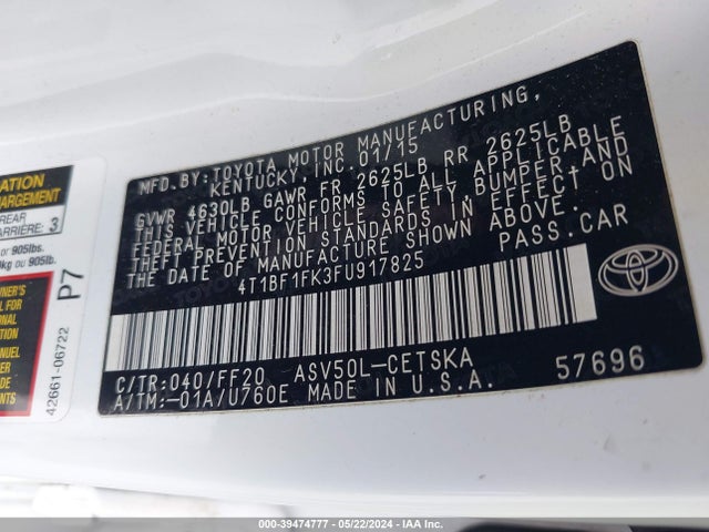 Toyota CAMRY SE 2015 4T1BF1FK3FU917825 Image 9