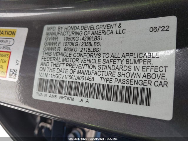 Honda Accord Ex-l 2022 1HGCV1F56NA061458 Image 9