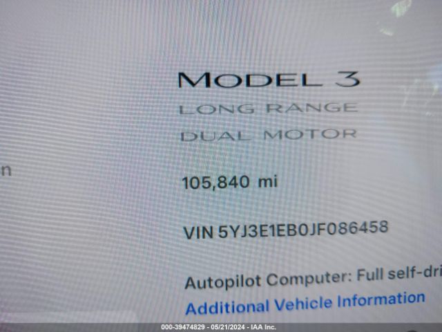 5YJ3E1EB0JF086458 Tesla Model 3 Long Range/performance