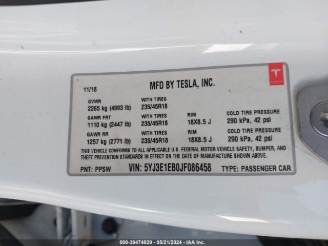 5YJ3E1EB0JF086458 Tesla Model 3 Long Range/performance