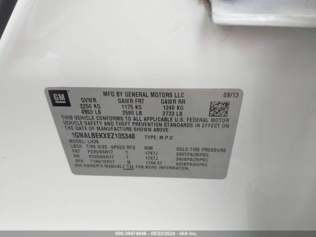 1GNALBEKXEZ105348 Chevrolet EQUINOX 1LT